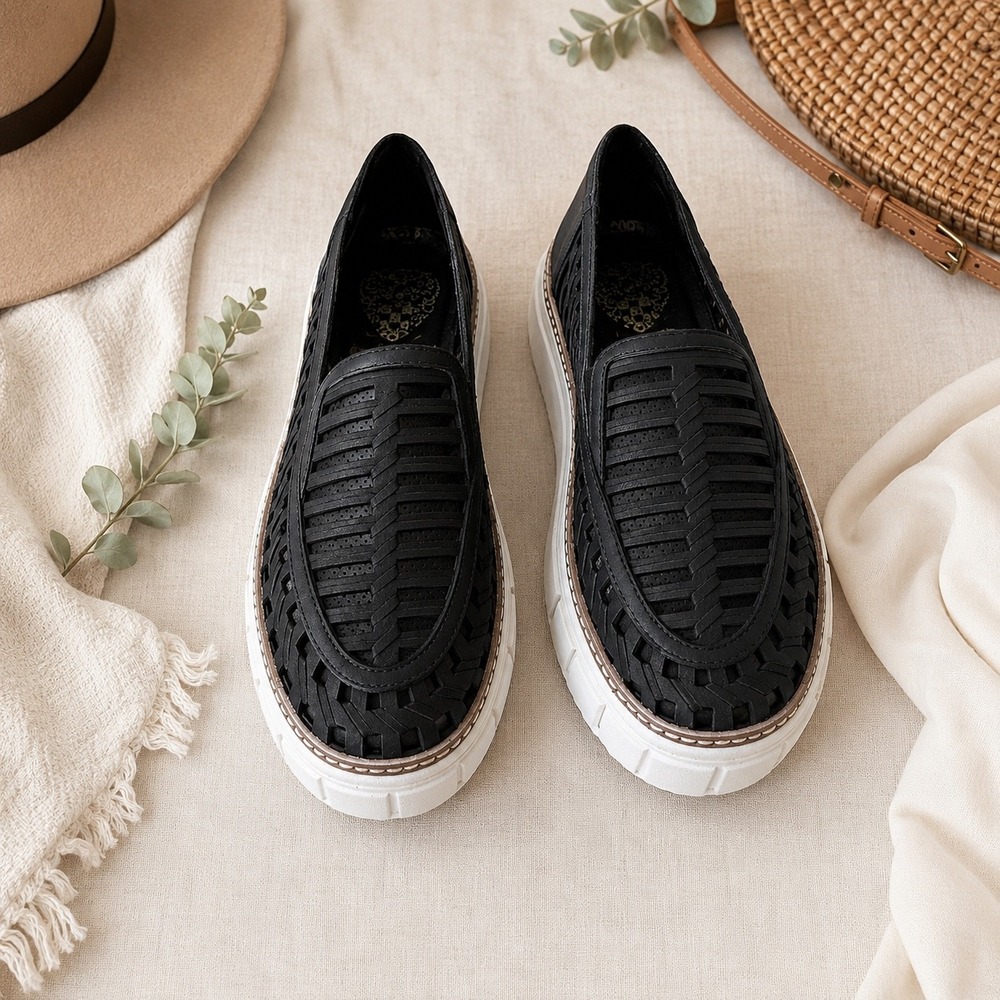 Vince Camuto Romeena Black Woven Leather Platform Slip-On Shoes VYN278JVF 6M